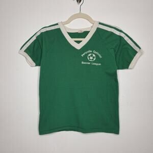 Vintage 70s Perryville Optimist Soccer League Green V Neck Jersey Shirt Top